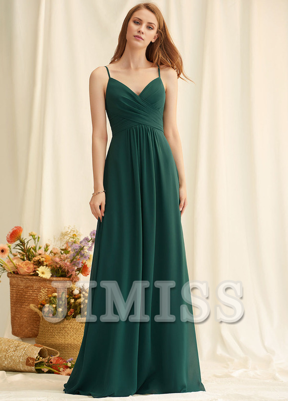 Vestido de dama de honor plisado de gasa hasta el suelo con escote en V y corte A