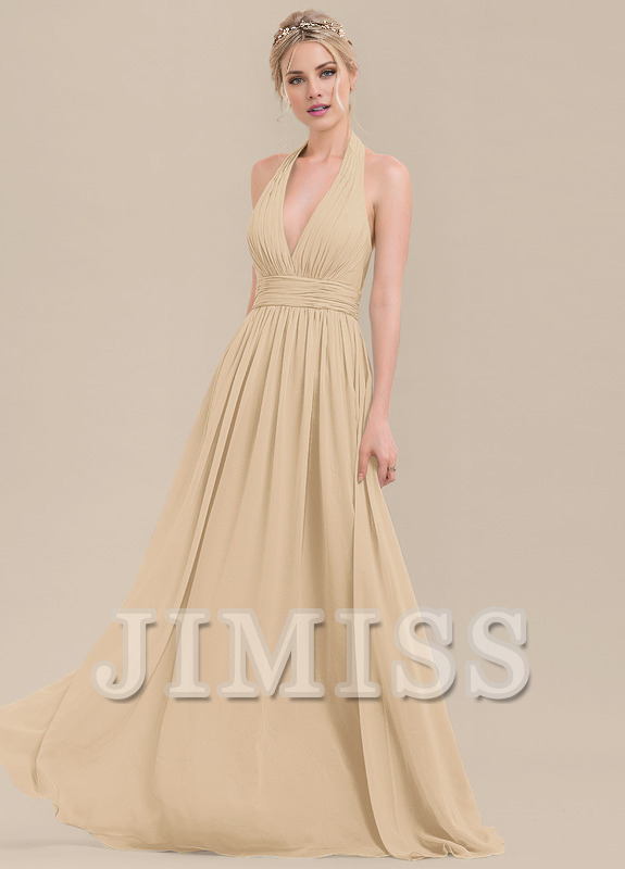 Vestido de dama de honor de gasa con volantes, corte A, cuello halter y largo hasta el suelo