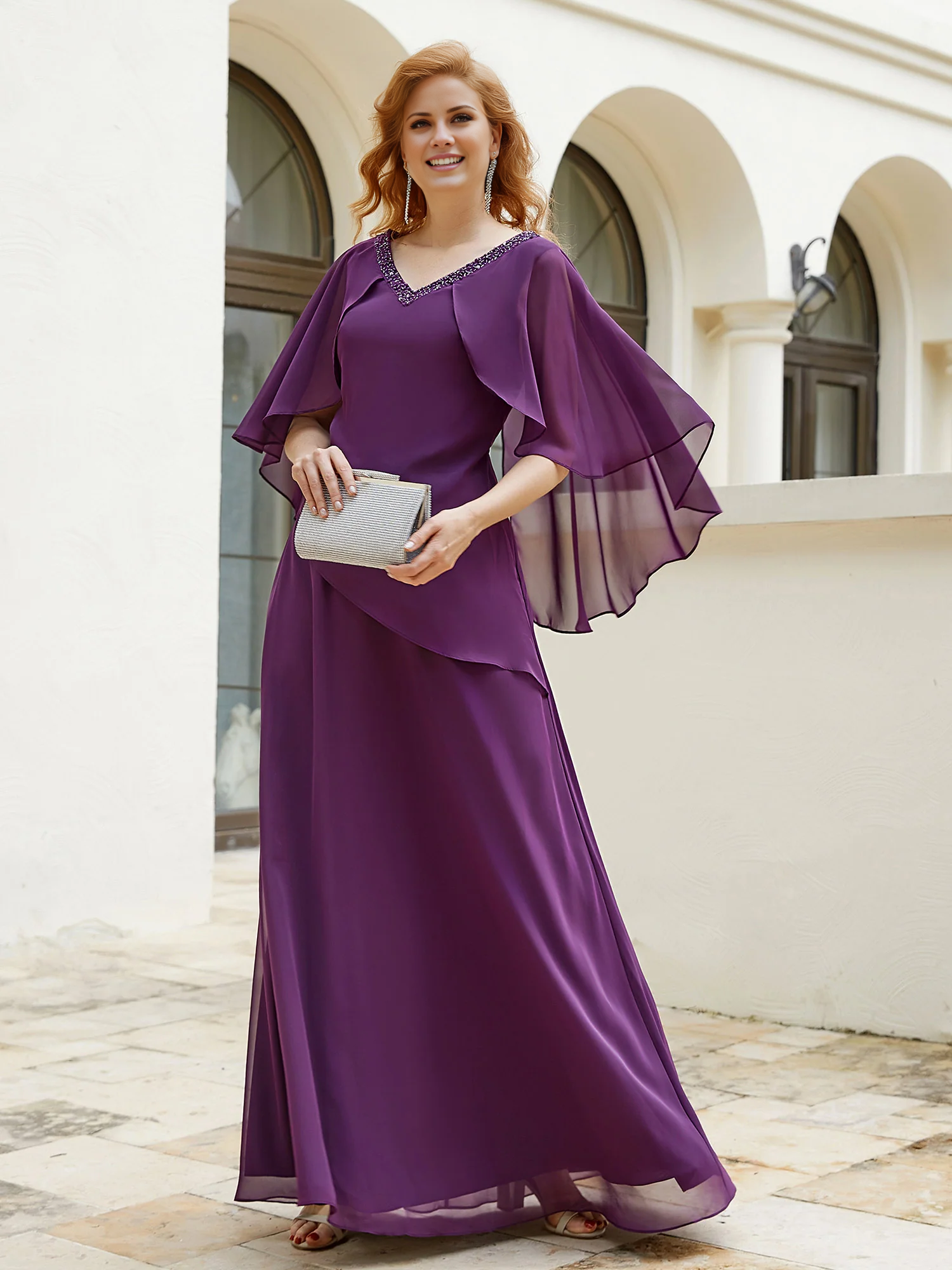 Purple Chiffon A-Line Floor-Length Dress with Beaded V-Neckline