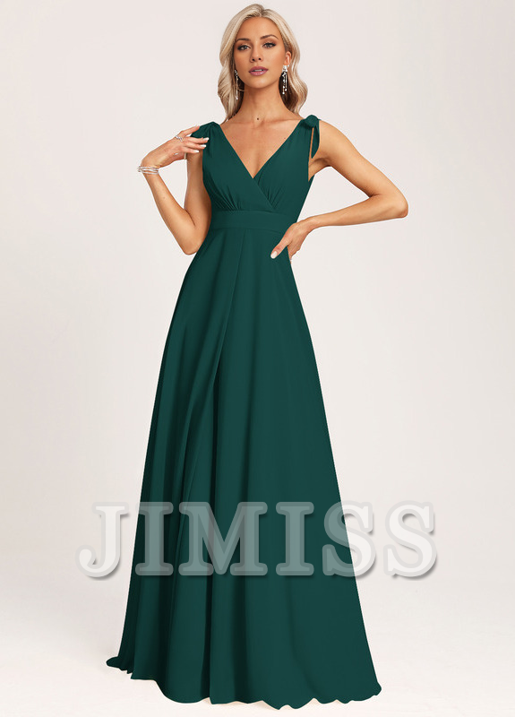 Abito da damigella d'onore lungo in chiffon con scollo a V, a trapezio e fiocco