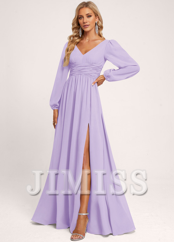 Vestido de dama de honor de gasa con volantes, escote en V y largo hasta el suelo