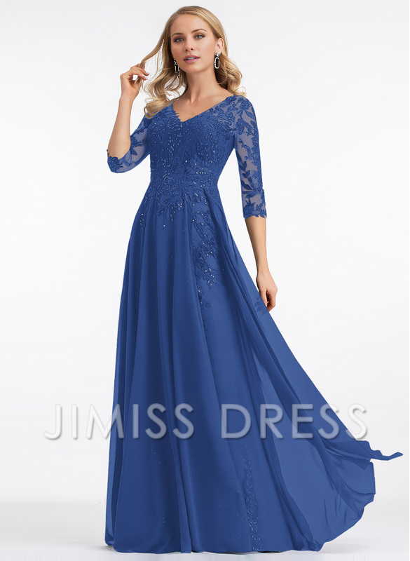 Dark Navy Lace & Chiffon A-Line Floor-Length Evening Dress with V-Neck and Sheer Sequin Sleeves