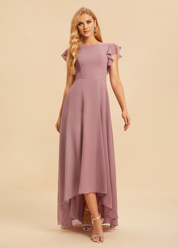 Vestido de dama de honor asimétrico de gasa con escote en A y volantes
