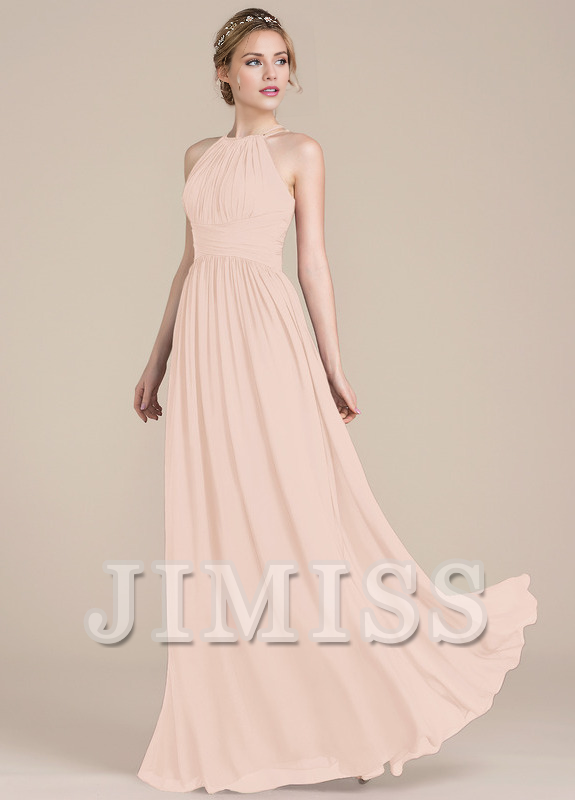 Vestido de dama de honor de gasa con escote redondo y corte A con diseño de hojas de loto