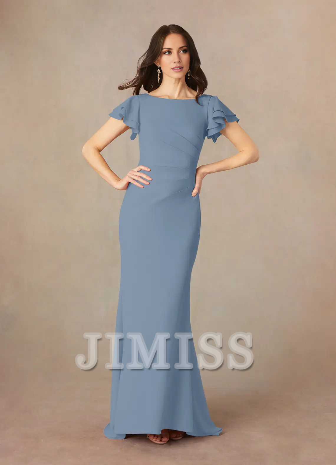 Burgundy Crepe Boat Neck Flutter Sleeve Floor-Length Bridesmaid Dress
