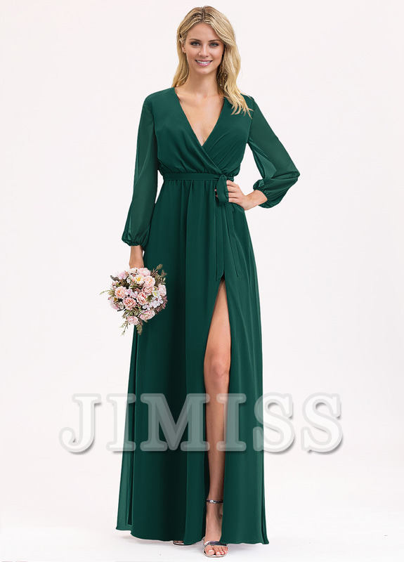 Abito da damigella d'onore in chiffon con scollo a V, lunghezza al pavimento, plissettato e fiocco