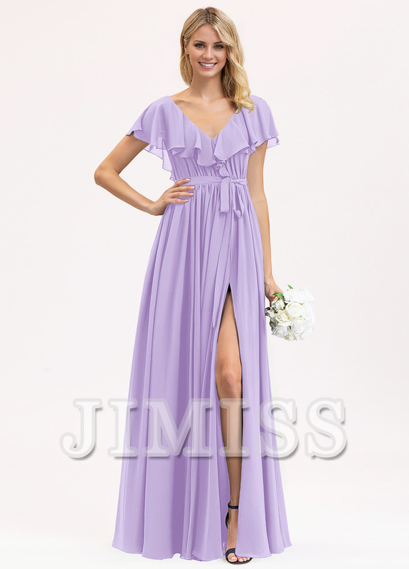 Abito da damigella d'onore in chiffon con scollo a V, lunghezza al pavimento, balze a balze e fiocco