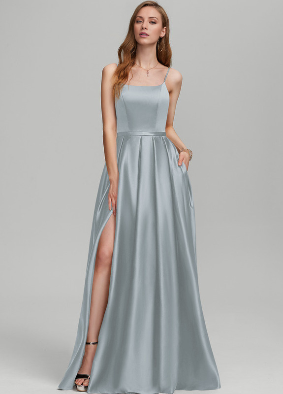 Abito da damigella d'onore in raso a trapezio con scollo a V e lunghezza al pavimento