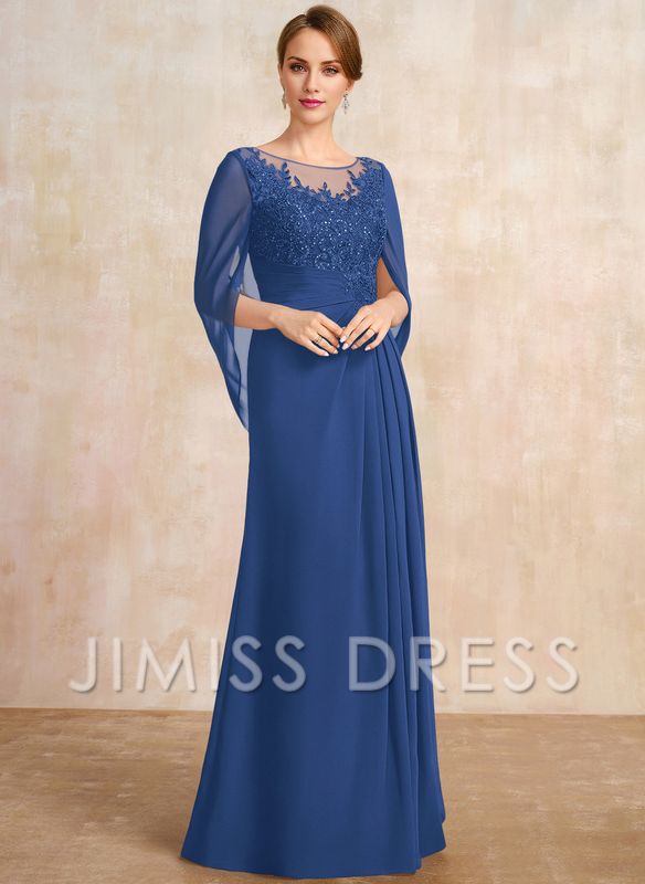 Dark Navy Chiffon A-Line Floor-Length Dress with Illusion Neck & Cape Sleeves