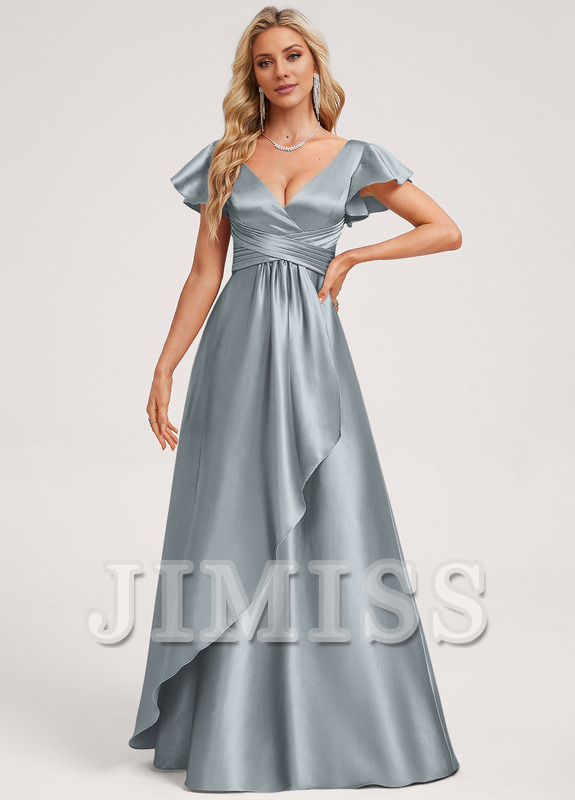 Vestido de dama de honor de satén con volantes, escote en V y largo hasta el suelo