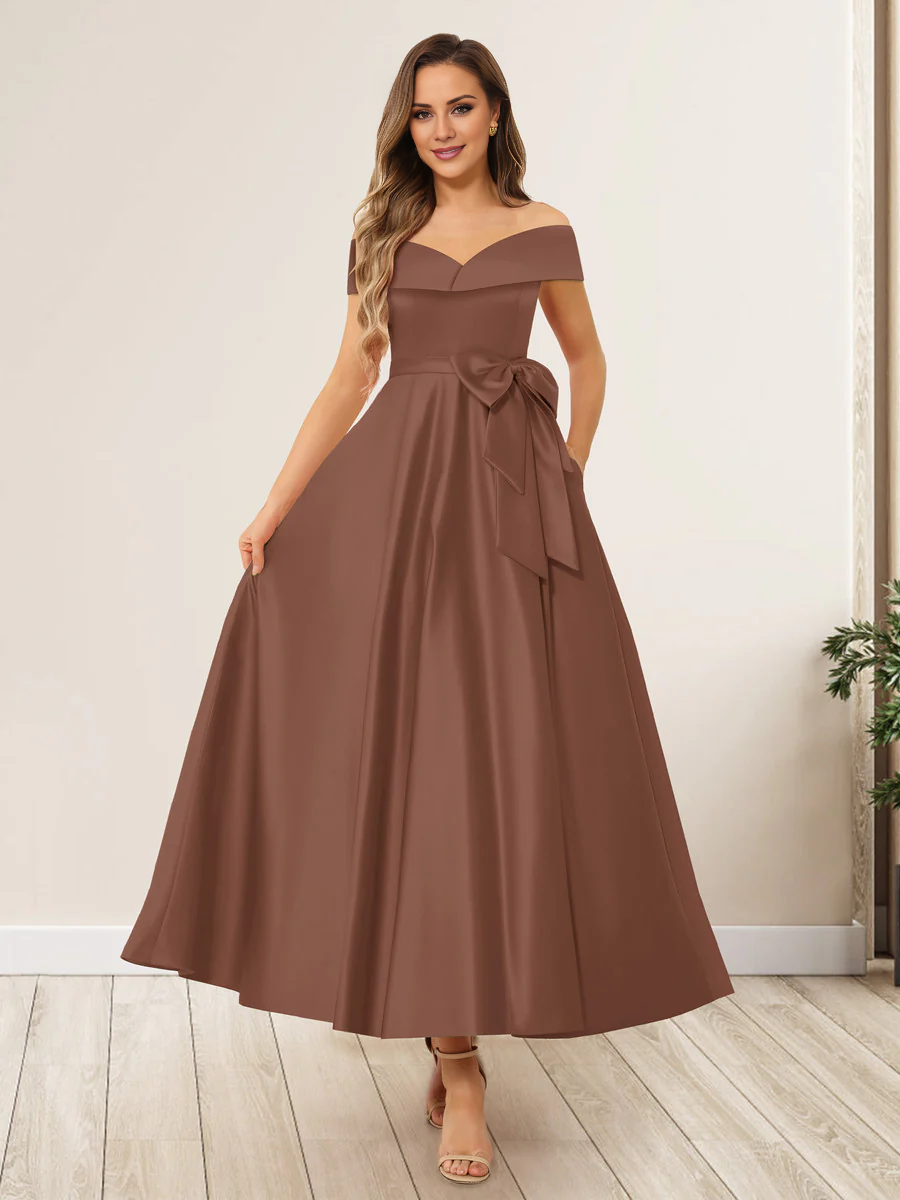 Burgundy Off-the-Shoulder A-Line Tea-Length Bridesmaid Dress