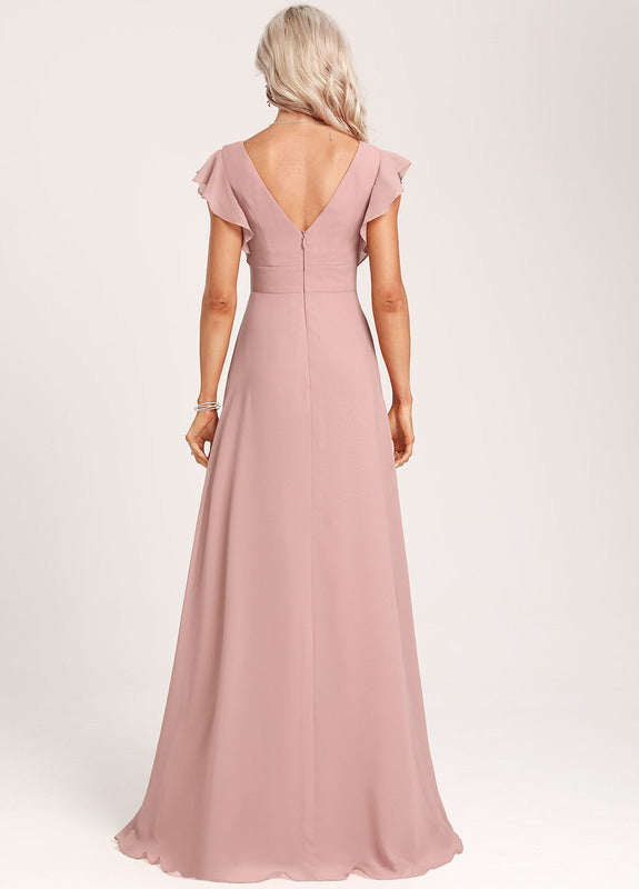 Vestido de dama de honor de gasa con volantes, escote en V y largo hasta el suelo