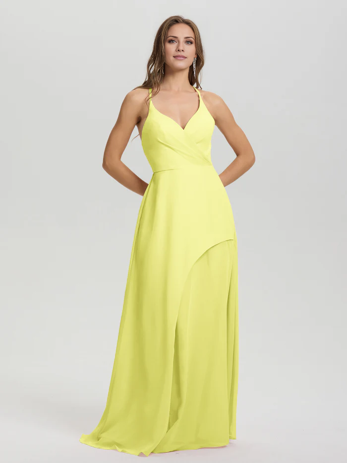 Shoulder strap V-neck backless long chiffon formal and floor length Bridesmaid dresses