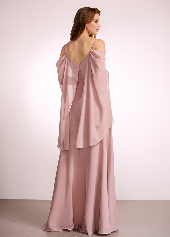 Dusty Rose Chiffon A-Line Floor-Length Bridesmaid Dress with Draped V-Neck Bodice and Off-the-Shoulder Sleeves