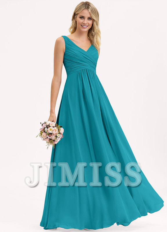 Abito da damigella d'onore in chiffon plissettato, lungo fino al pavimento, con scollo a V e linea ad A