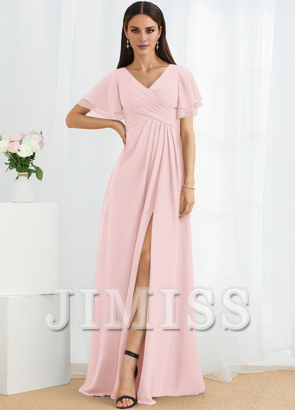 Abito da damigella d'onore in chiffon lungo fino al pavimento, con scollo a V e linea ad A