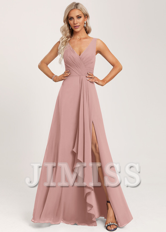 Vestido de dama de honor de gasa con volantes, escote en V y largo hasta el suelo