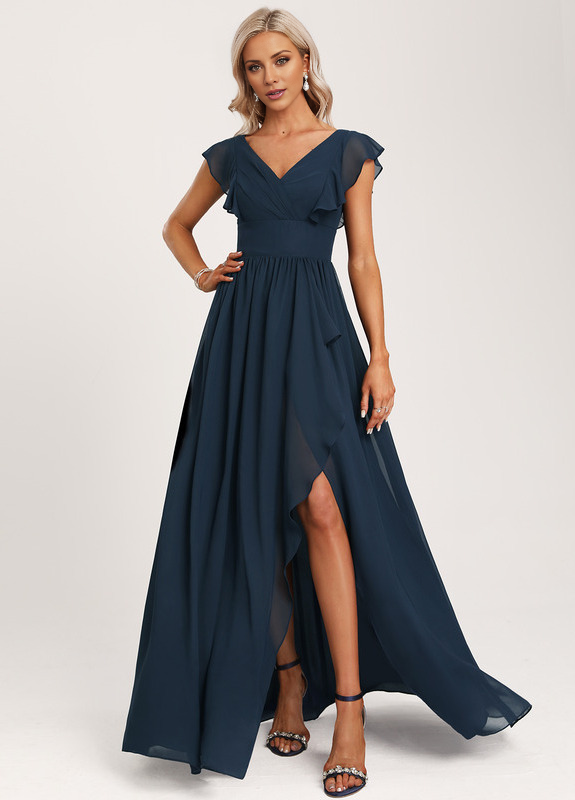 Vestido de dama de honor de gasa con volantes, escote en V y largo hasta el suelo