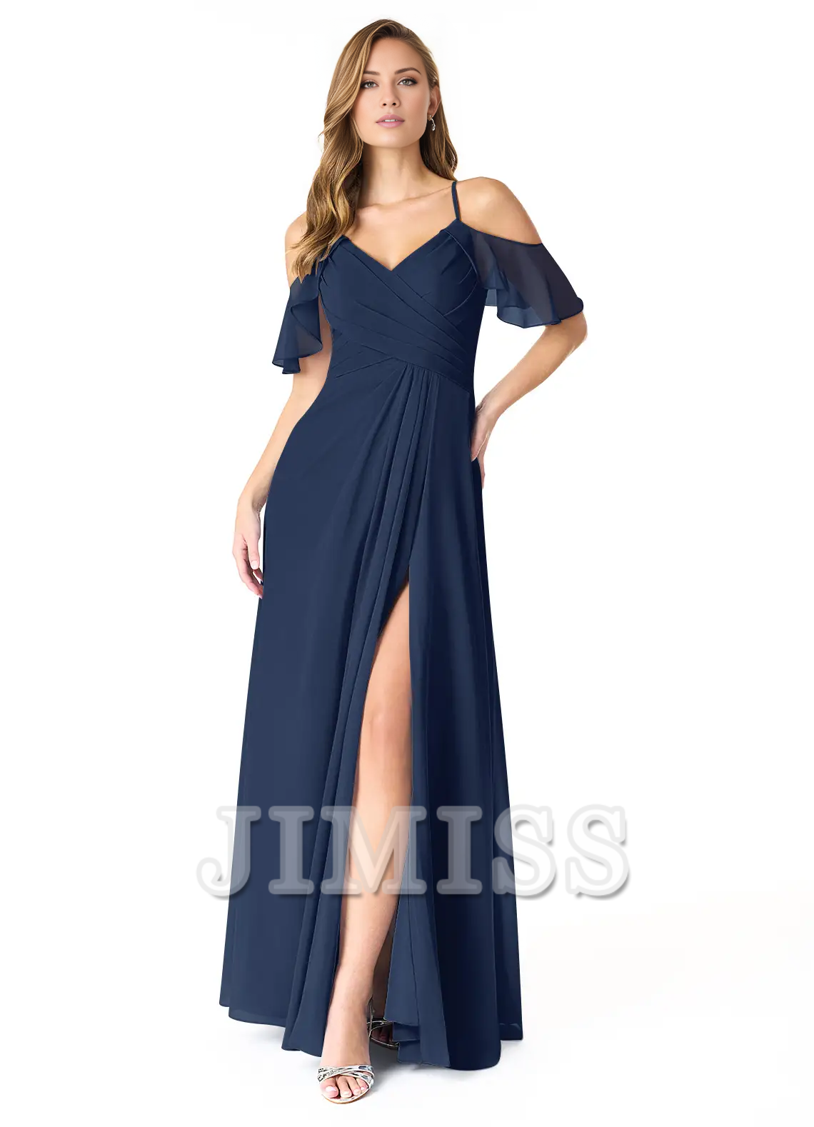 Vestido de dama de honor de gasa plisada con escote en V, corte A, abertura lateral y largo hasta el suelo - Vestido Jimiss 