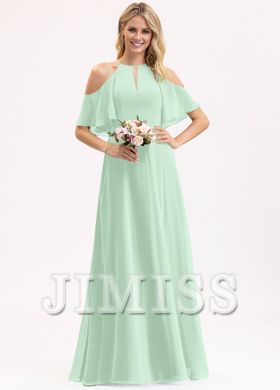 Abito da damigella d'onore in chiffon lungo fino a terra, con scollo a barchetta, spalle scoperte e linea ad A