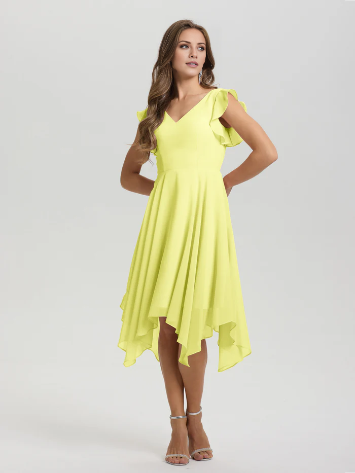 Lotus leaf edge sleeve V-neck asymmetrical tea long chiffon tea long bridesmaid dress
