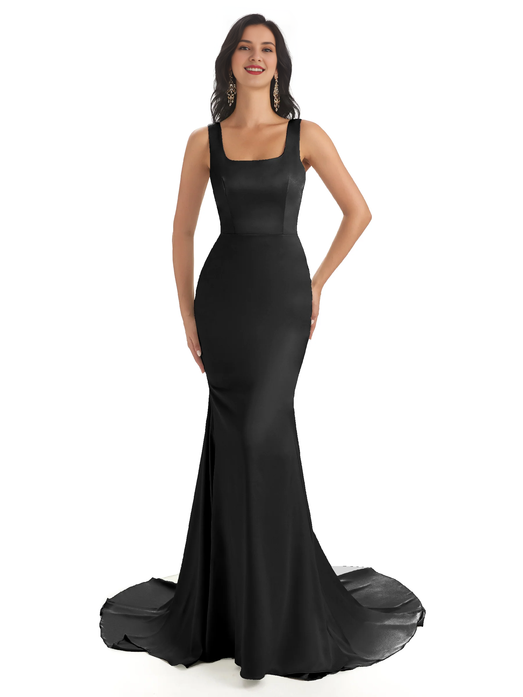 Vestido de dama de honor de satén suave, único, con escote cuadrado y cola de pez extra largo