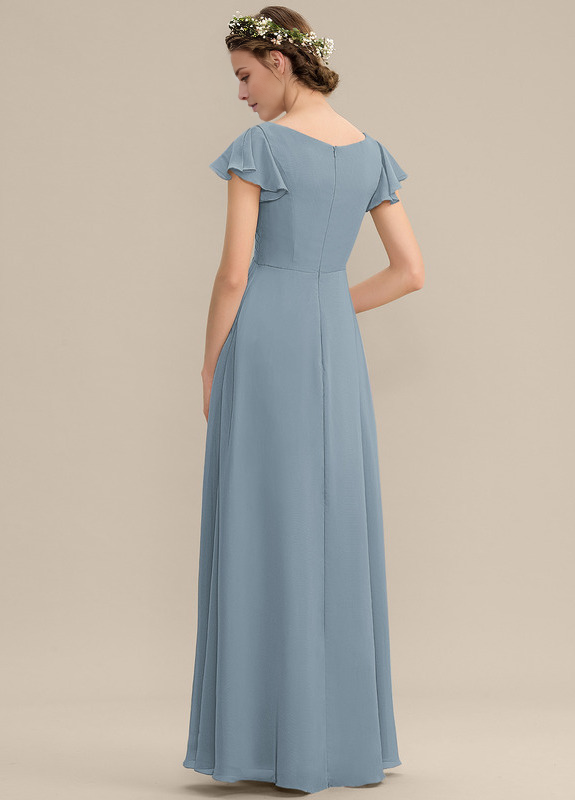 Vestido de dama de honor de gasa con escote en V, volantes escalonados y largo hasta el suelo