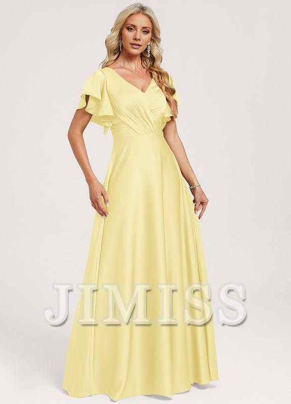 Vestido de dama de honor de satén con volantes, escote en V y largo hasta el suelo