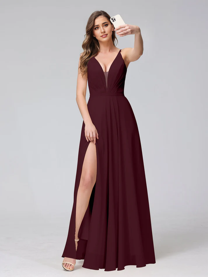 Chiffon Spaghetti-Strap V-Neck Ruched Bodice High-Slit A-Line Floor-Length Romantic Bridesmaid Dress
