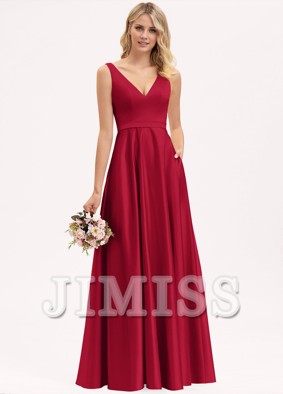 Abito da damigella d'onore in raso lungo fino al pavimento, con scollo a V e linea ad A