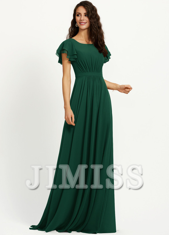 Vestido de dama de honor de gasa con escote redondo y volantes en forma de A