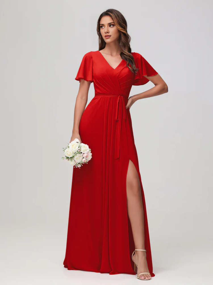 Olive Green Chiffon A-Line Floor-Length Dress with V-Neck, Pleated Bodice & Flutter Sleeves - Jimiss