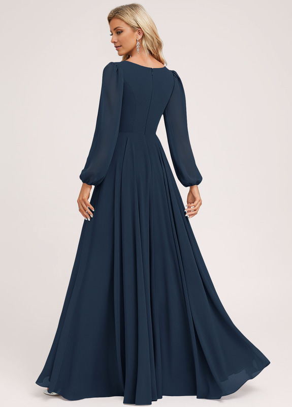 Abito da damigella d'onore in chiffon lungo fino al pavimento, con scollo a V e linea ad A