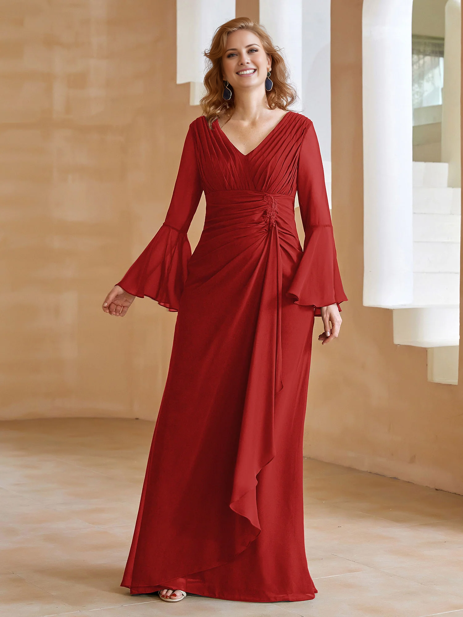 Olive Green Chiffon A-Line V-Neck Bridesmaid Dress with Ruched Bodice & Bell Sleeves