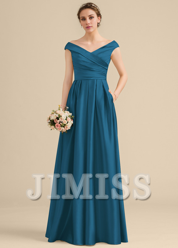 Vestido de dama de honor de satén con volantes, corte A, hombros descubiertos y largo hasta el suelo