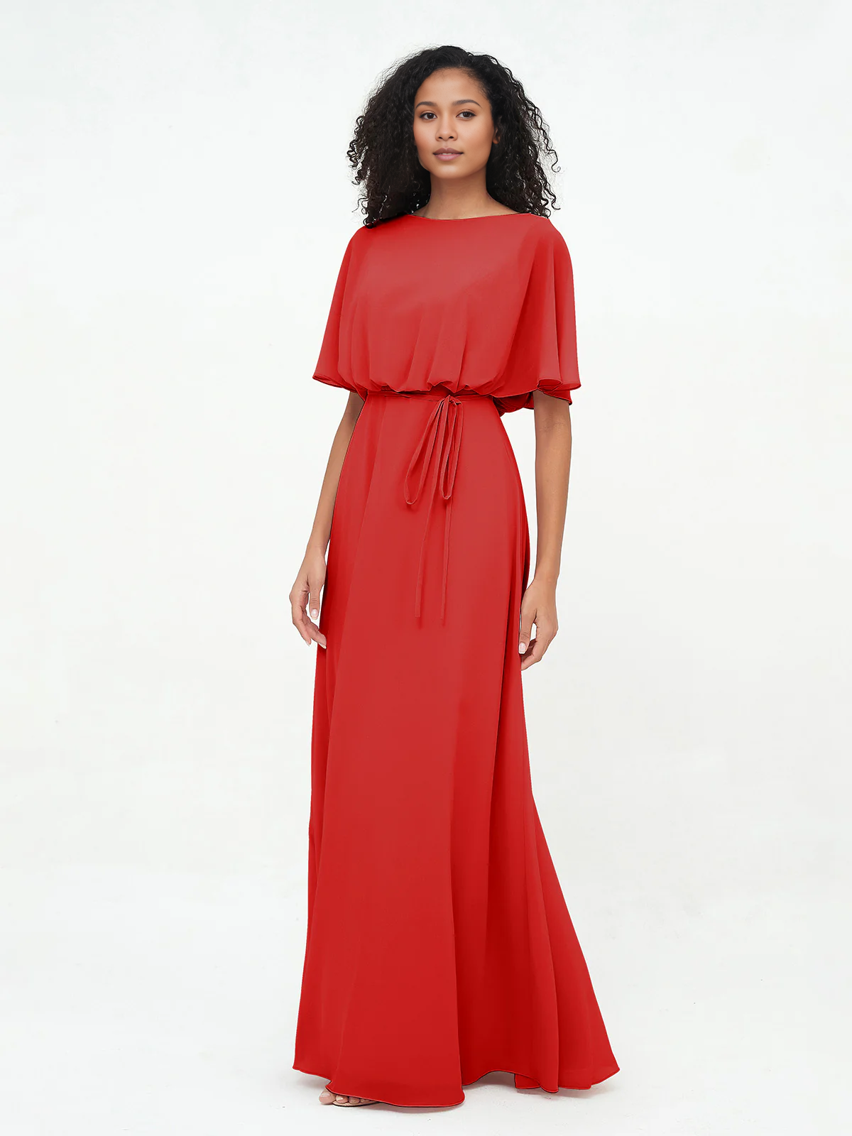 Butter Chiffon A-Line Floor-Length Bridesmaid Dress with Boat Neck & Self-Tie Waist
