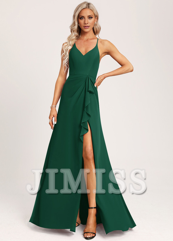Vestido de dama de honor de gasa con escote en V y corte A