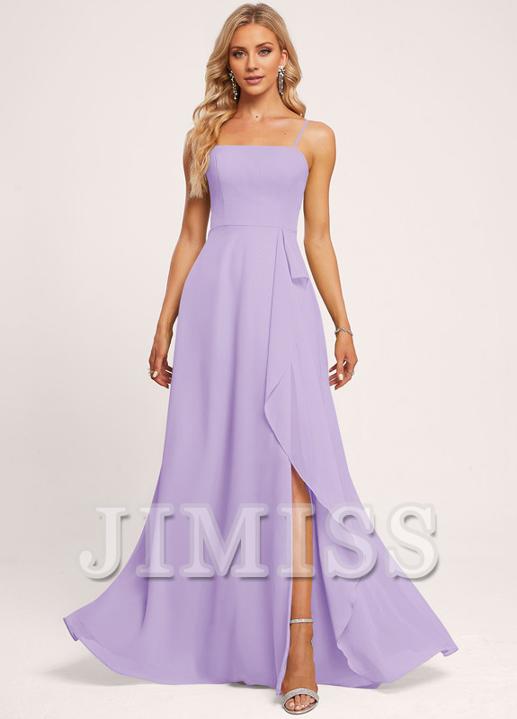 Vestido de dama de honor de gasa con volantes, corte A, cuadrado, largo hasta el suelo