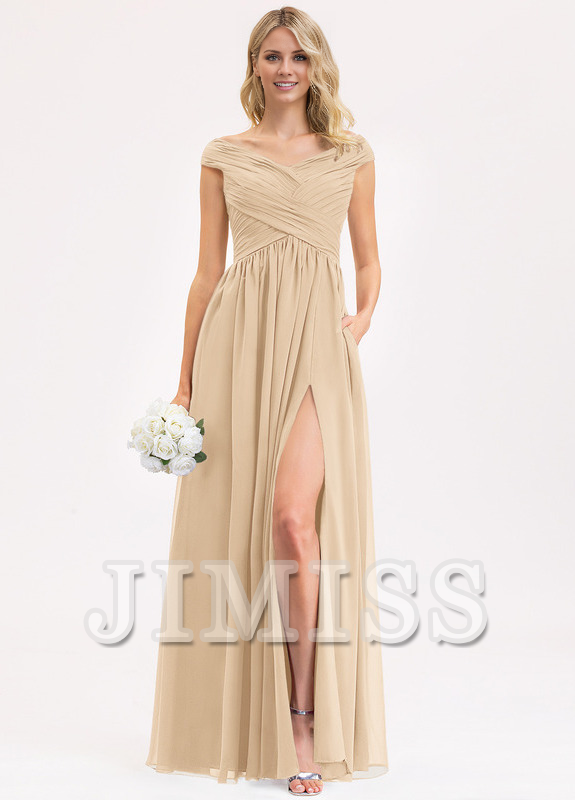 Vestido de dama de honor de gasa con volantes, corte A y largo hasta el suelo