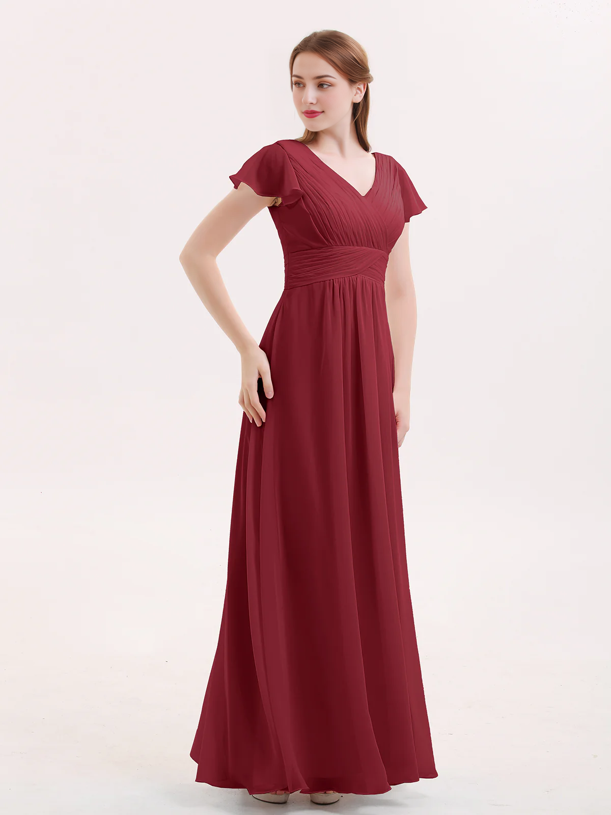 Burgundy Chiffon A-Line V-Neck Floor-Length Bridesmaid Dress