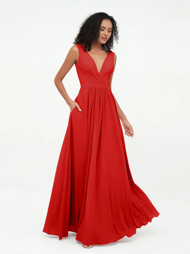Olive Green Chiffon A-Line V-Neck Floor-Length Bridesmaid Dress with Pockets
