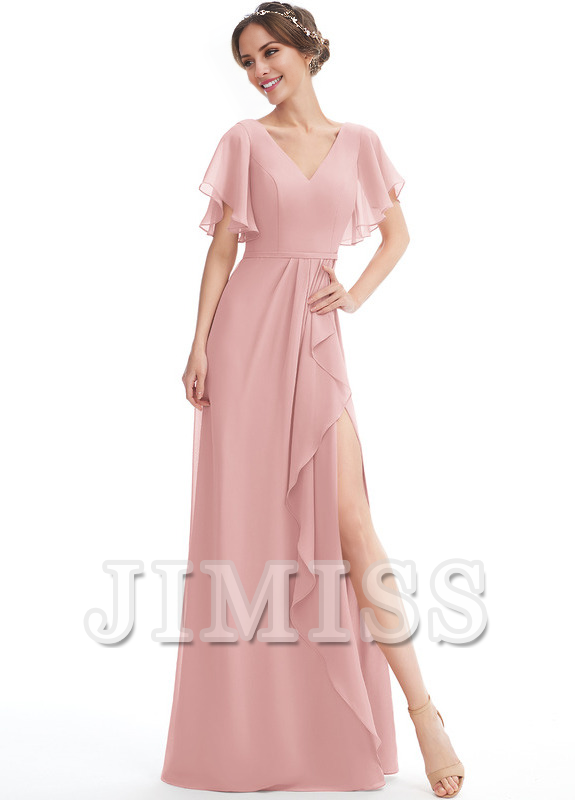 Dark Navy Chiffon A-Line Floor-Length Dress with V-Neck & Flutter Sleeves