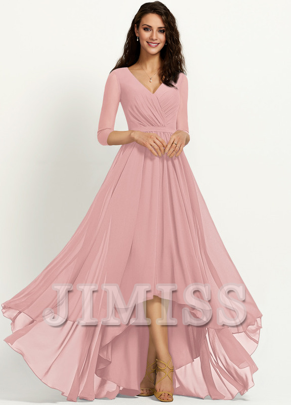 A-line V-neck asymmetric pleated chiffon bridesmaid dress