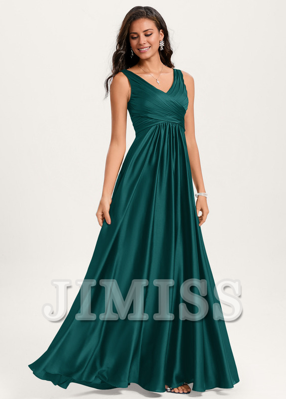 Vestido de dama de honor de satén con volantes, escote en V y largo hasta el suelo