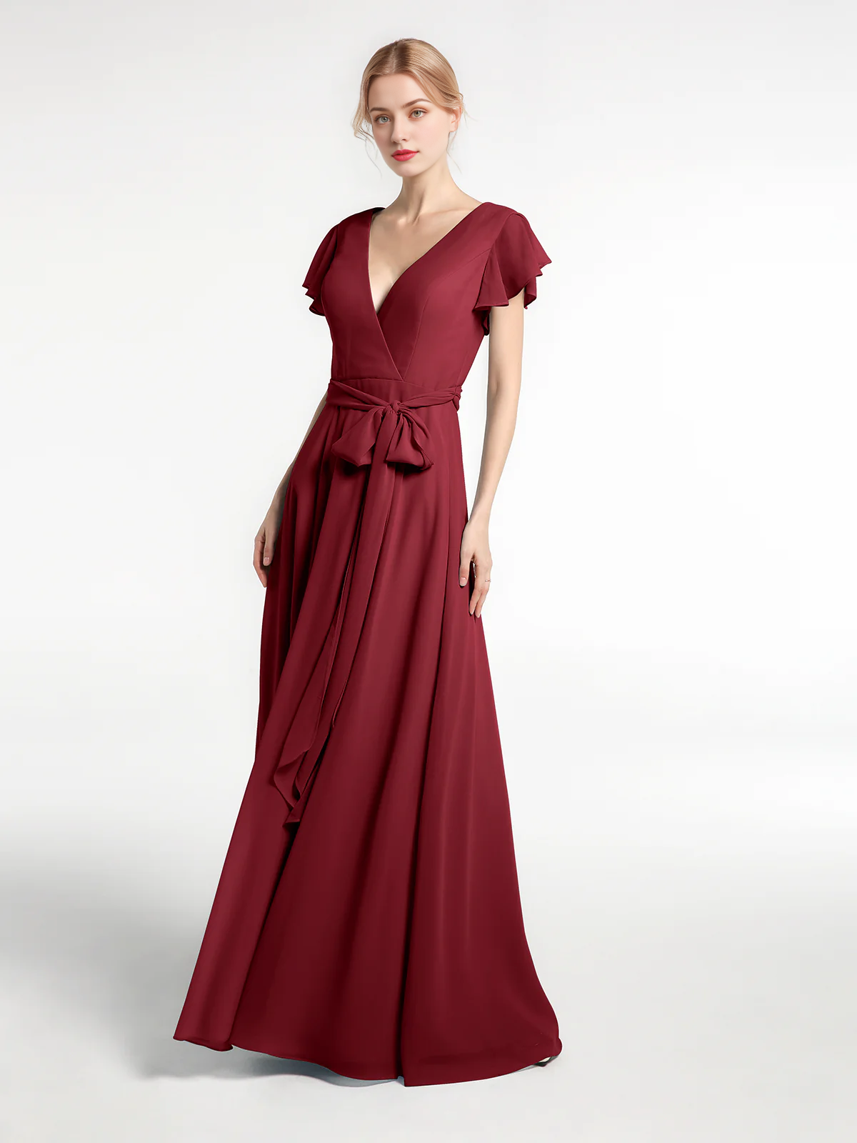 Vestido de gasa con cuello en V, capucha, mangas y lazo