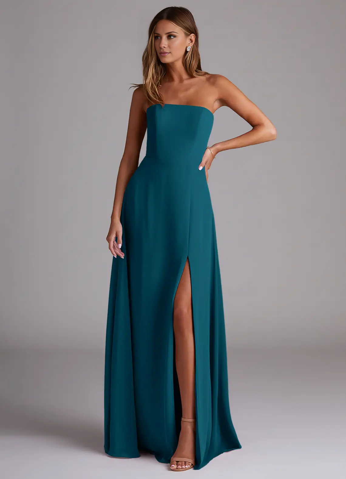 Vestido de dama de honor de corte A, de gasa con abertura lateral y largo hasta el suelo - Vestido Jimiss 