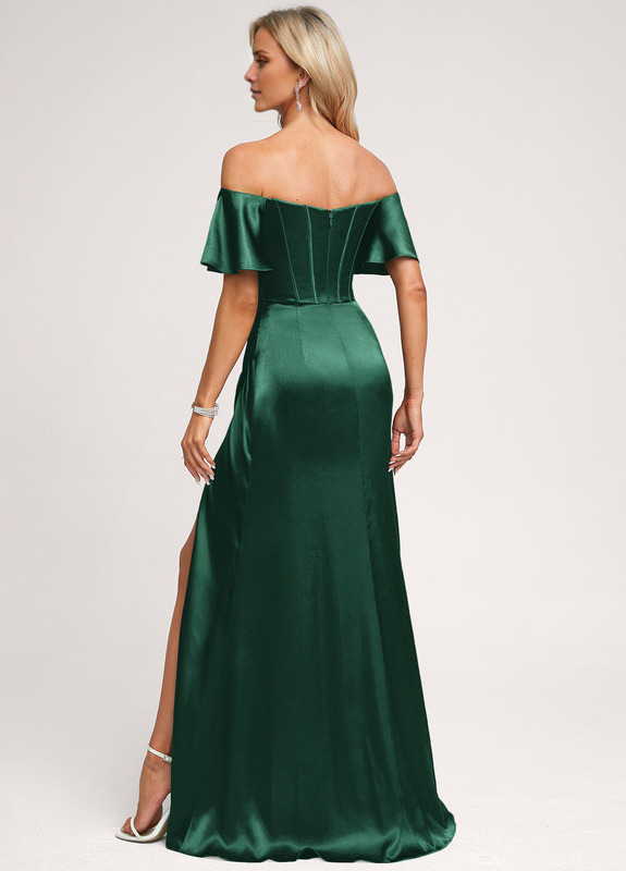 Abito da damigella d'onore in raso, a trapezio, con spalle scoperte e lunghezza al pavimento