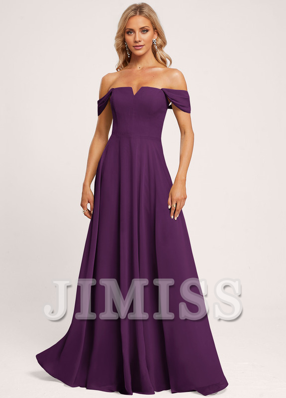 Abito da damigella d'onore in chiffon a trapezio, con spalle scoperte e lunghezza fino al pavimento