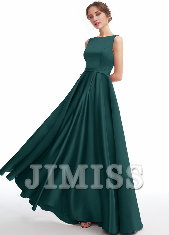 Abito da damigella d'onore in raso a trapezio con scollo a barchetta e lunghezza al pavimento