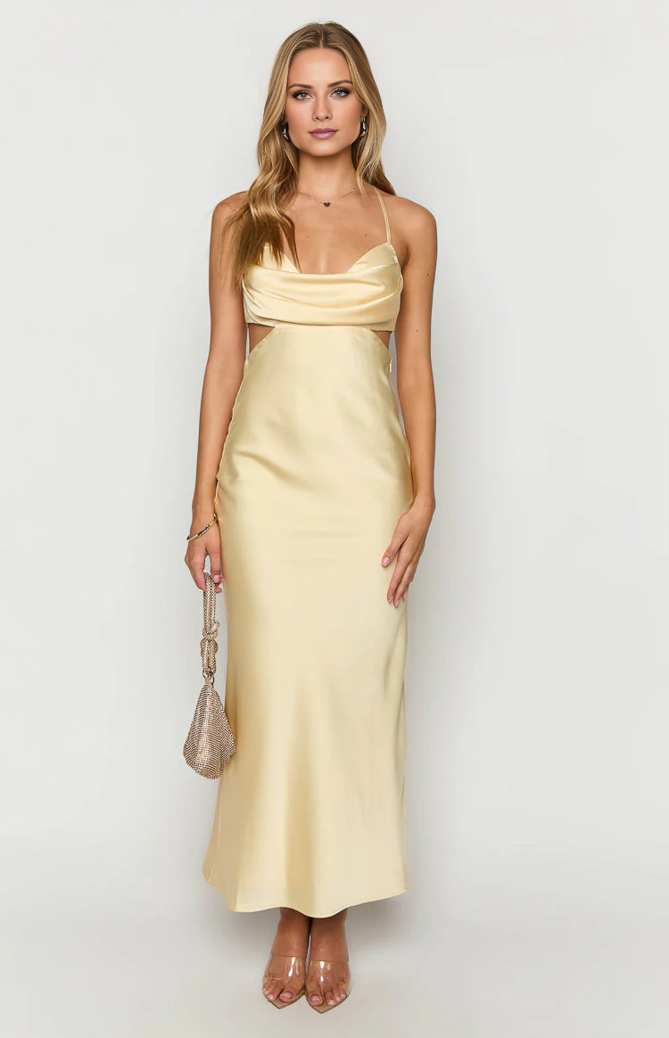 Vestido de fiesta Jimiss con cuello de bufanda, hombros descubiertos, sin mangas, tirantes finos, espalda descubierta y largo hasta el suelo